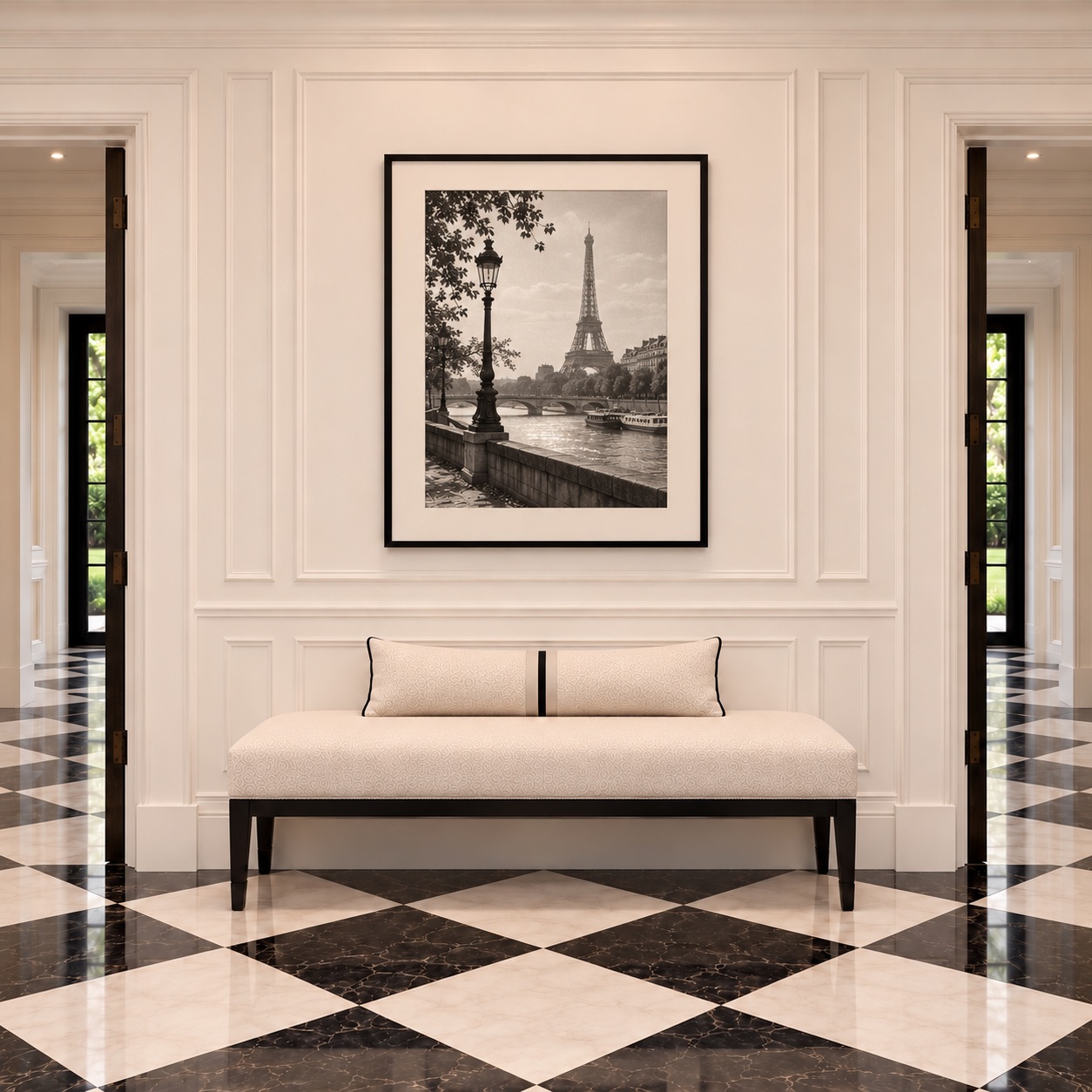 Entry bench beneath vintage black-and-white Paris artwork