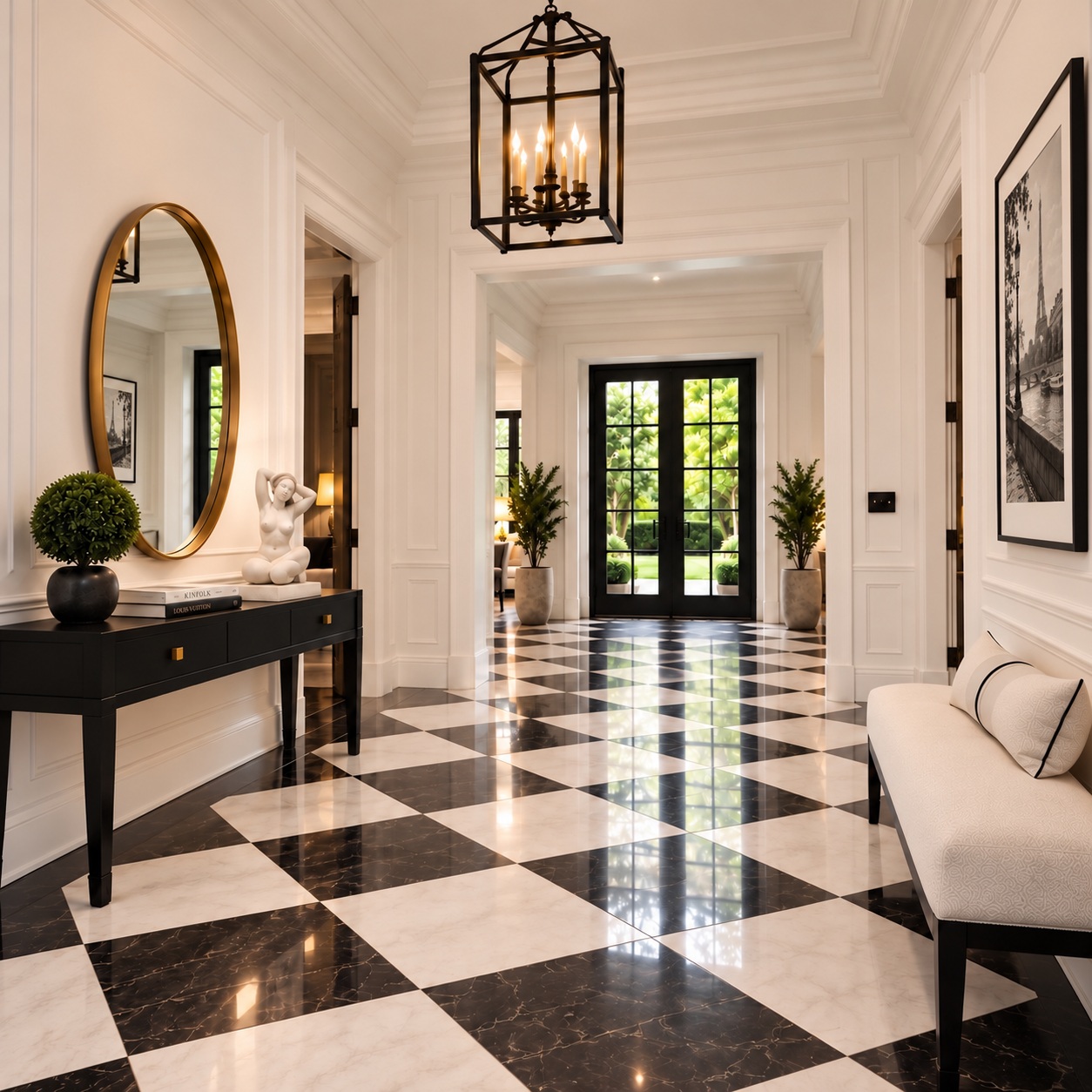 Entry hall with vintage Paris artwork, gold mirror, and checkerboard flooring