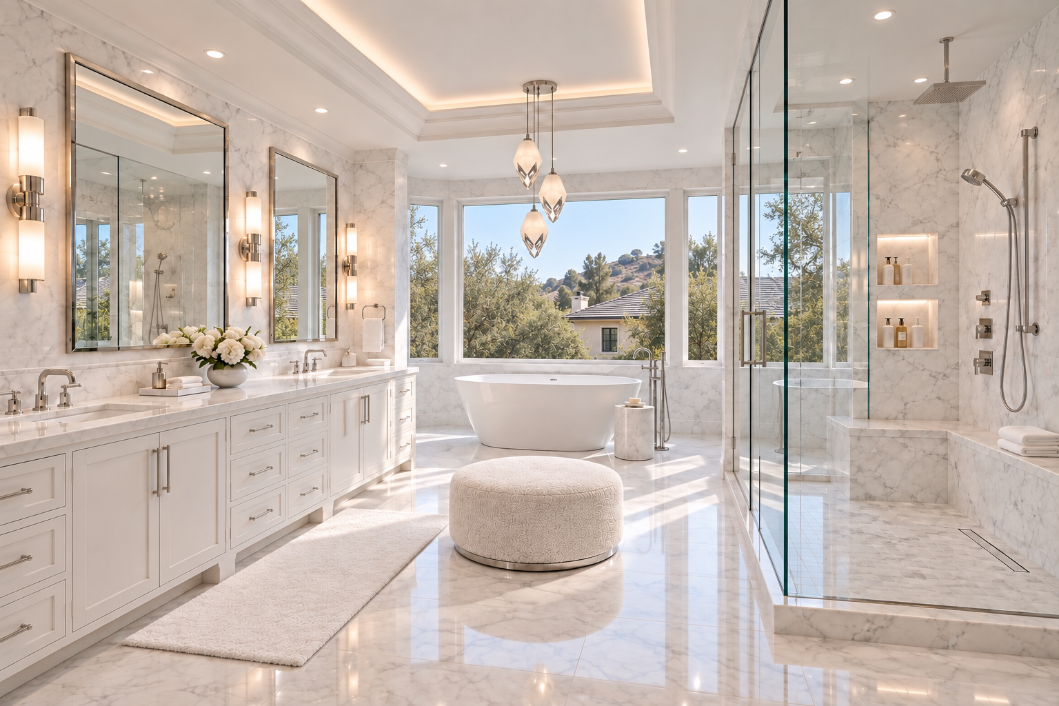 Primary bathroom with marble finishes and a second-story residential outlook