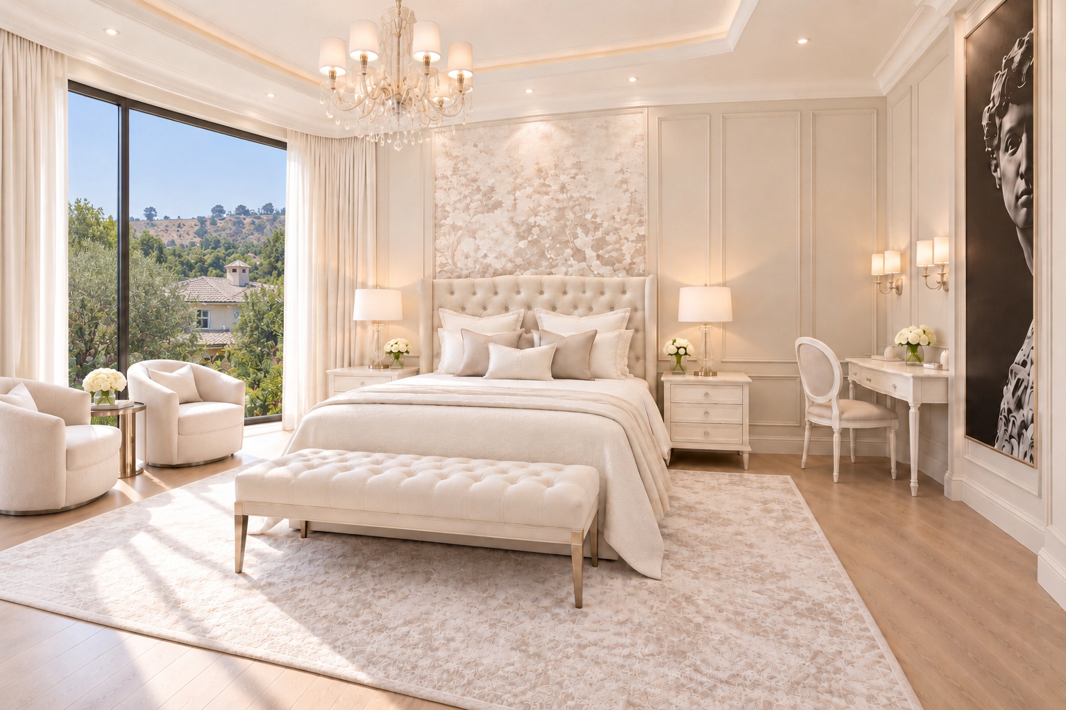 Primary bedroom with soft neutral furnishings and a second-story residential outlook