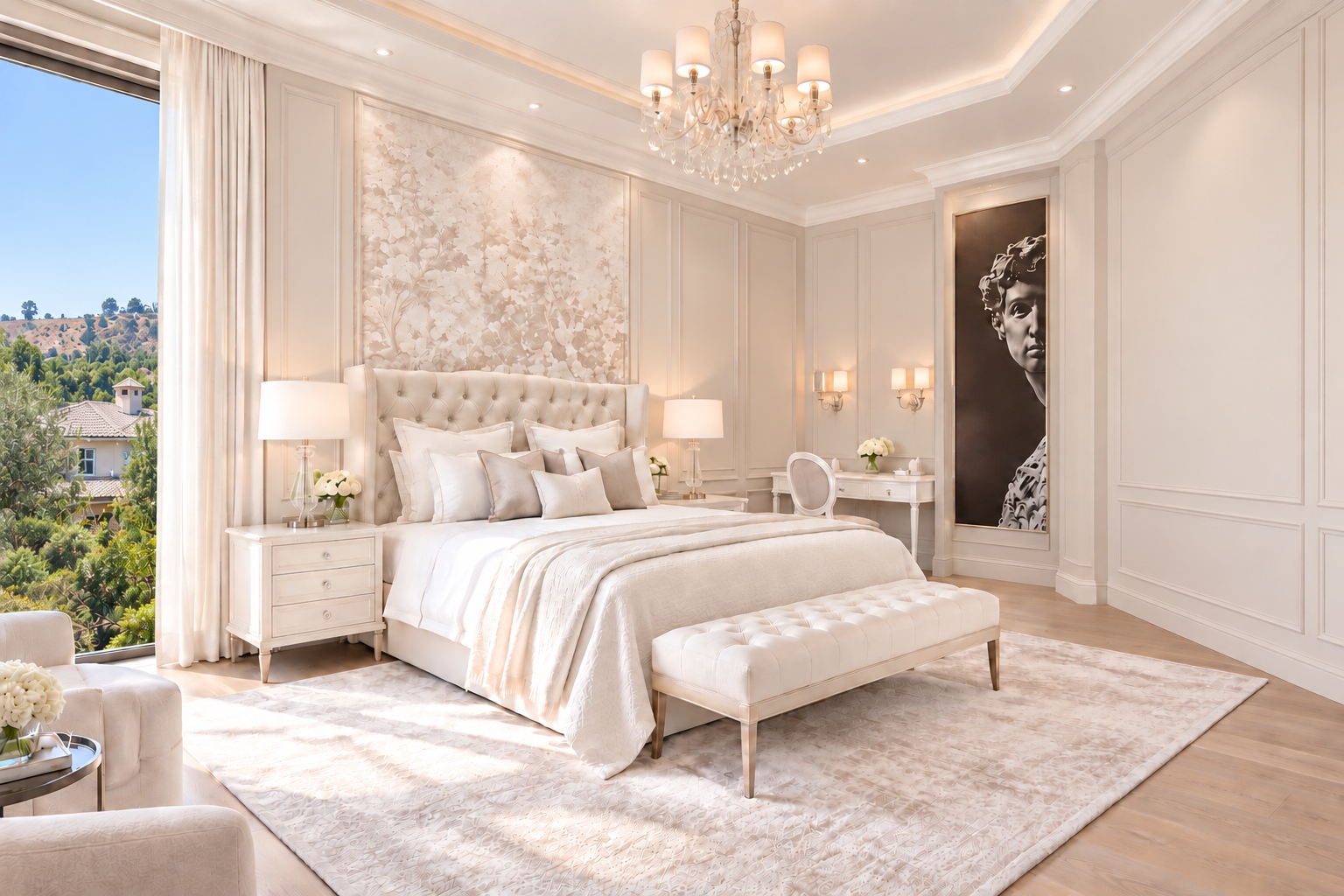 Primary bedroom seating and paneled walls