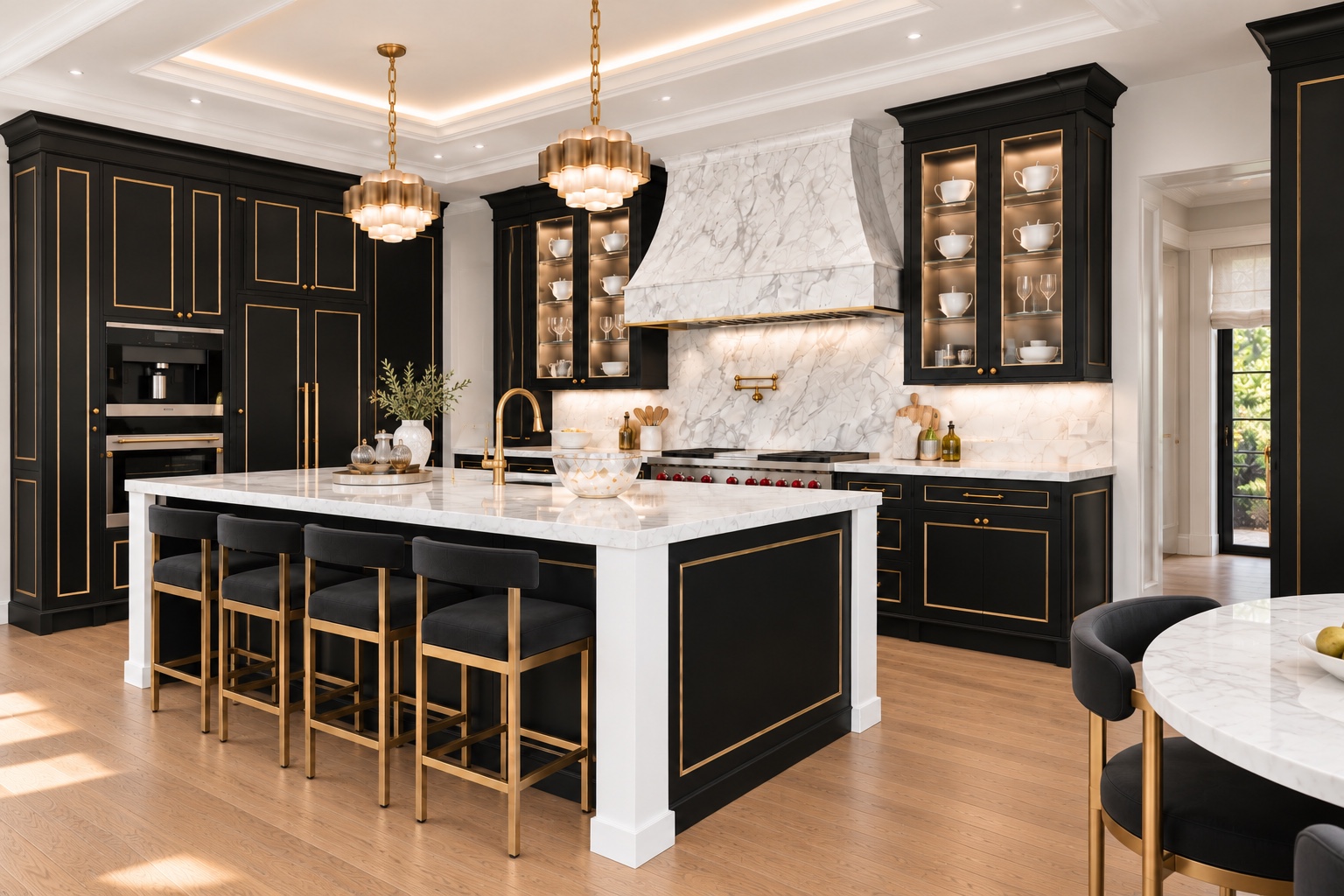 Kitchen island and marble range wall viewed from the breakfast area