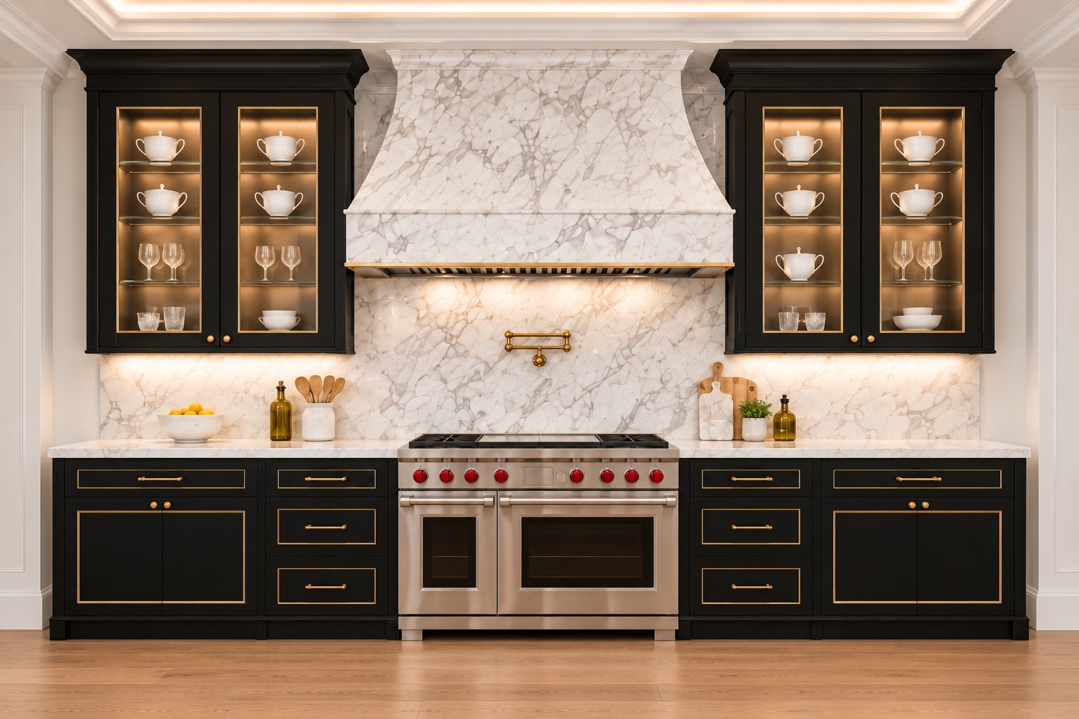 Stove wall elevation with marble hood and illuminated glass cabinets