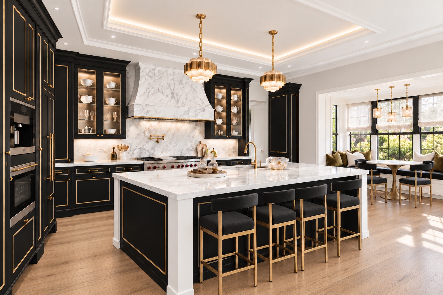 Kitchen with black and matte gold cabinetry, marble island, and illuminated rectangular ceiling cove