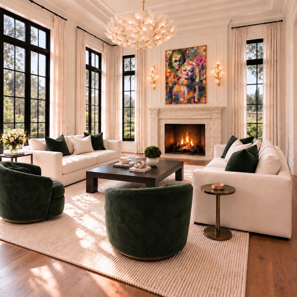 Formal living room with green velvet seating and natural Bel Air views