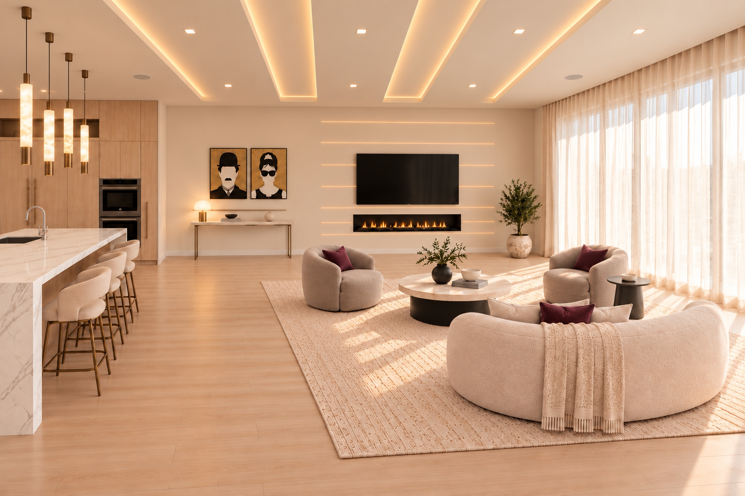 Open living room adjoining the kitchen