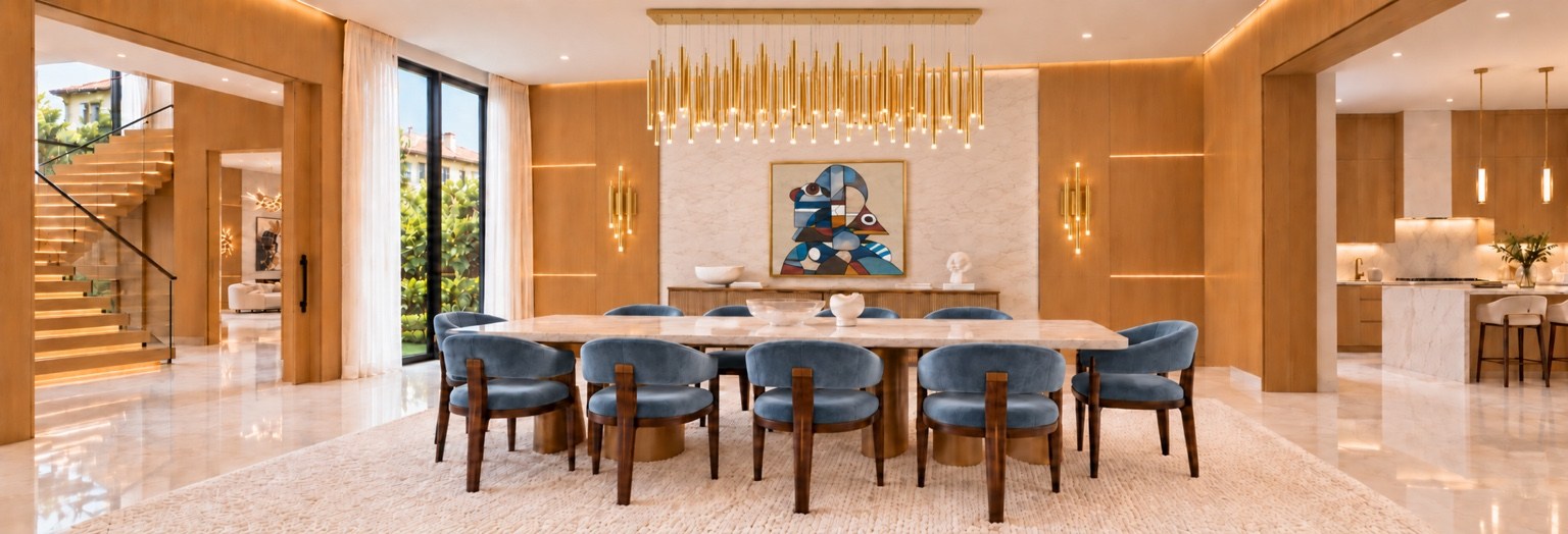 Formal dining room with blue velvet chairs and abstract artwork