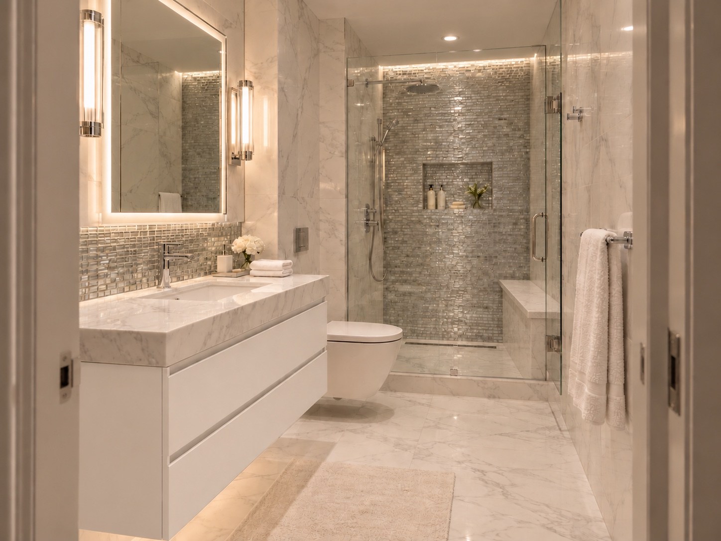 Bathroom with floating vanity and textured shower walls
