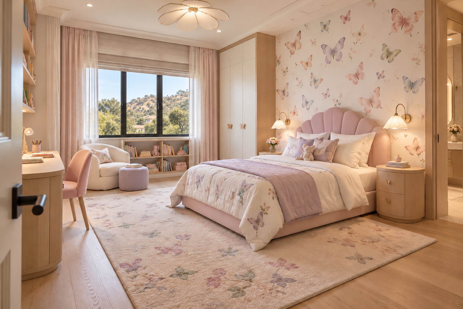 Butterfly-inspired bedroom with soft pink accents
