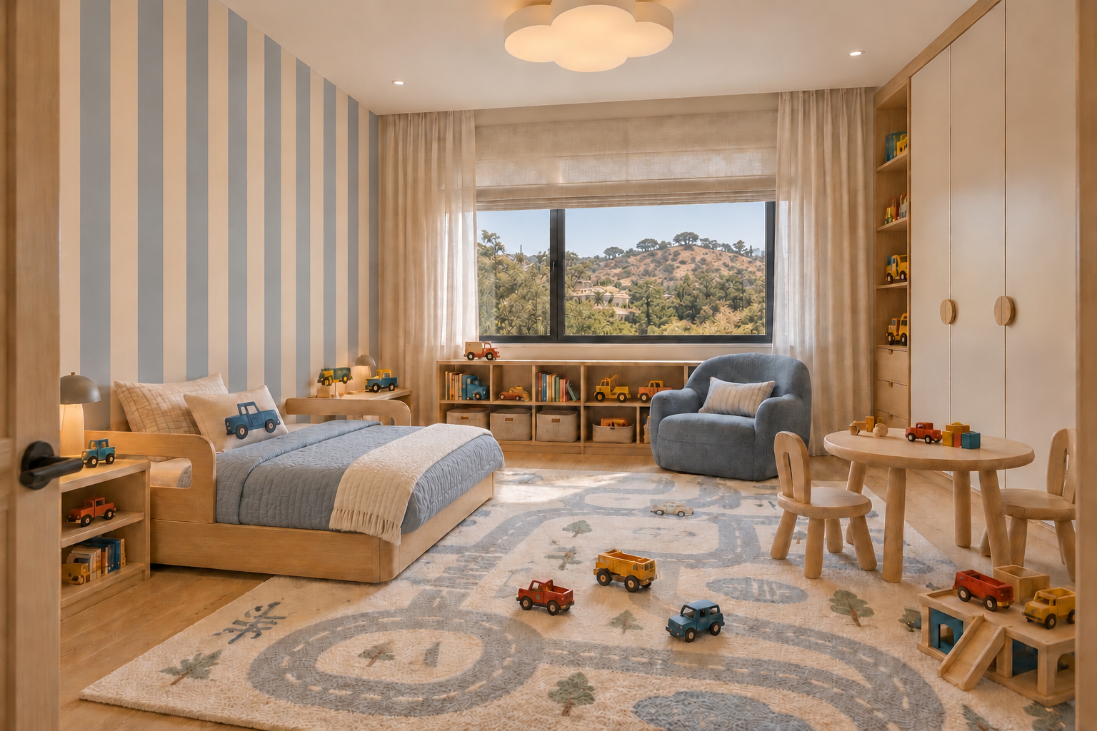 Children’s bedroom with blue striped walls and a playful car-themed rug