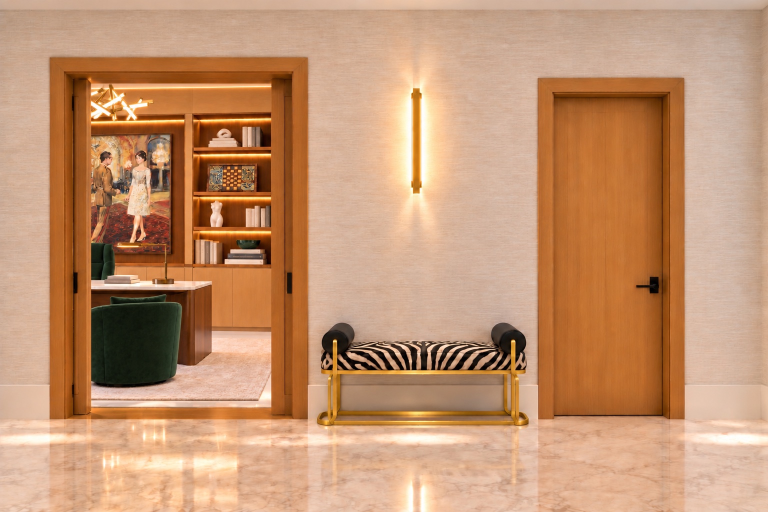 Entry bench beside warm wood doorways and the home office
