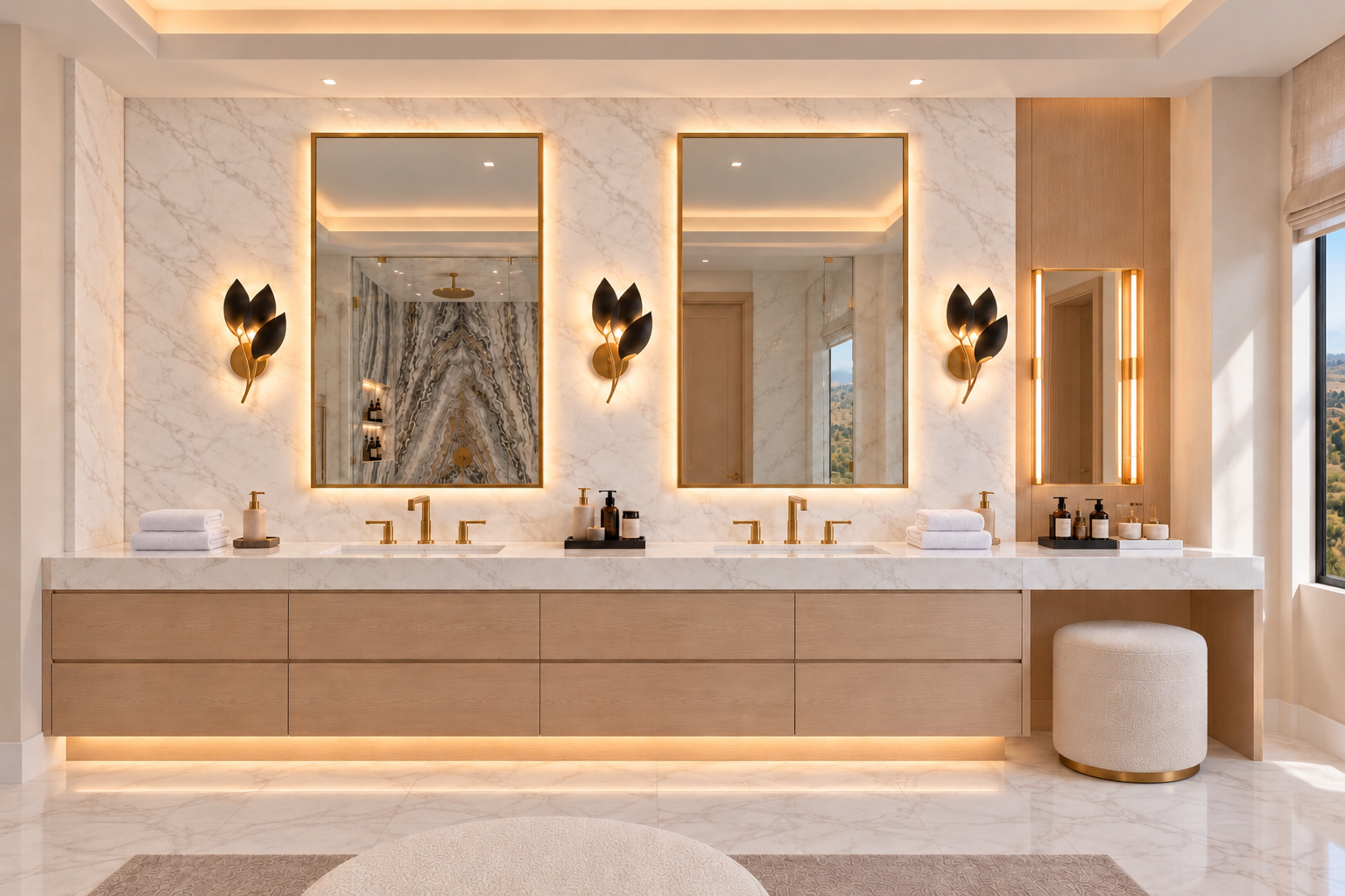 Primary bathroom vanity with warm wood cabinetry and illuminated mirrors