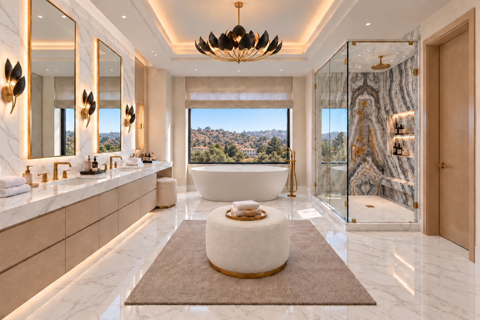 Primary bathroom with freestanding tub and hillside views