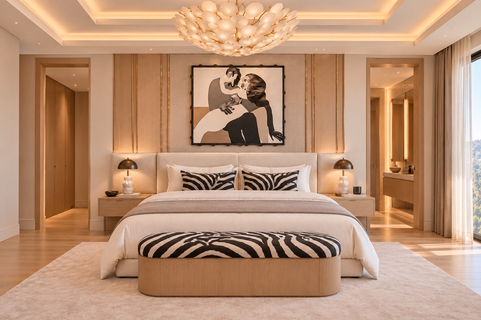 Primary bedroom bed wall with framed artwork and zebra-print accents