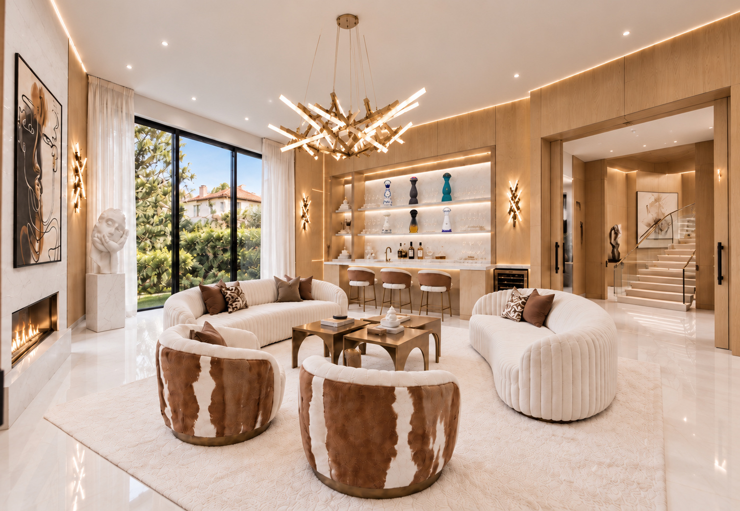 Formal living room opening onto the illuminated bar