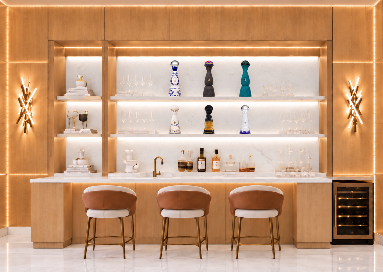 Bar with colorful sculptural accents and warm wood paneling