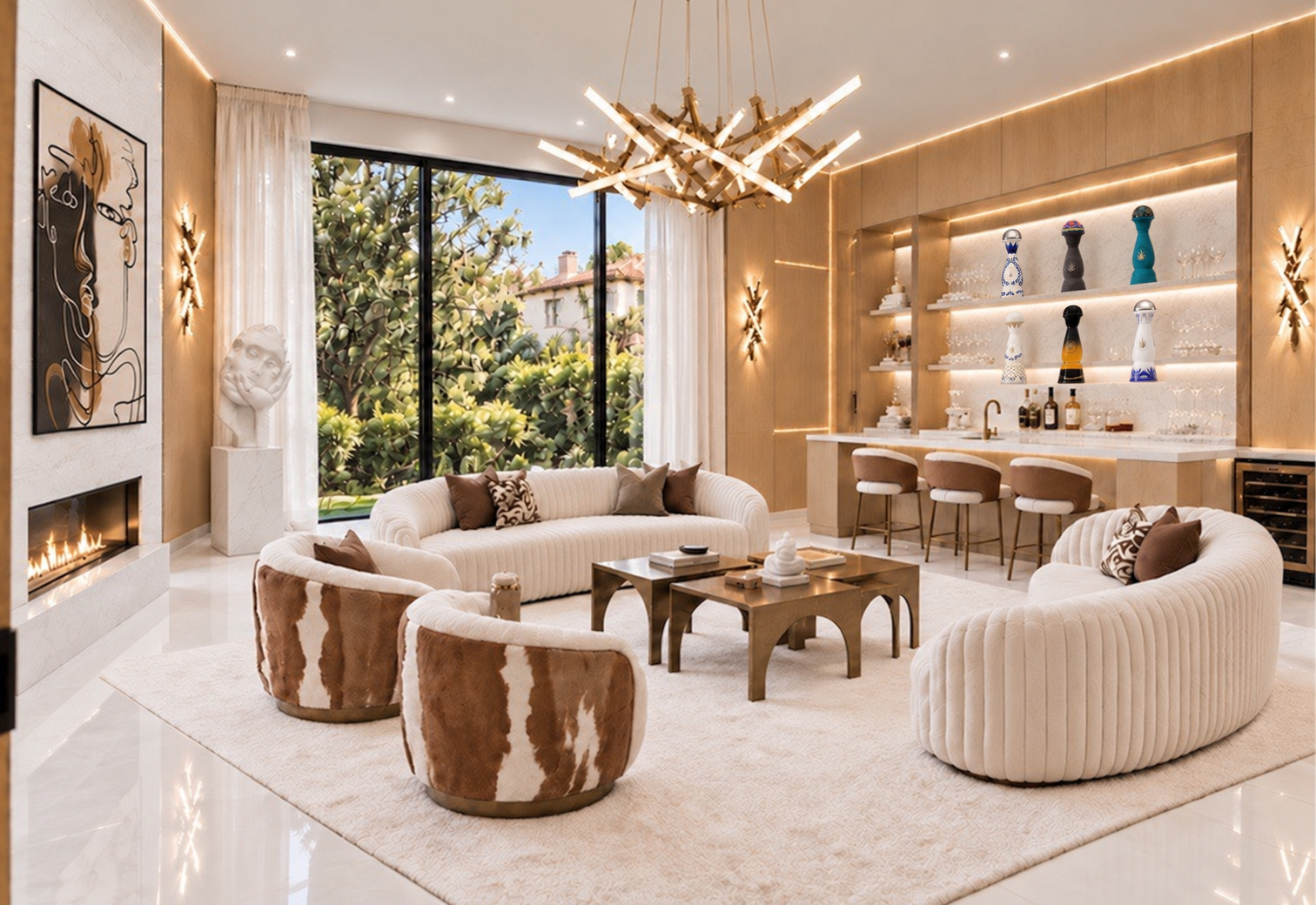 Living room seating with animal-print accents and sculptural lighting