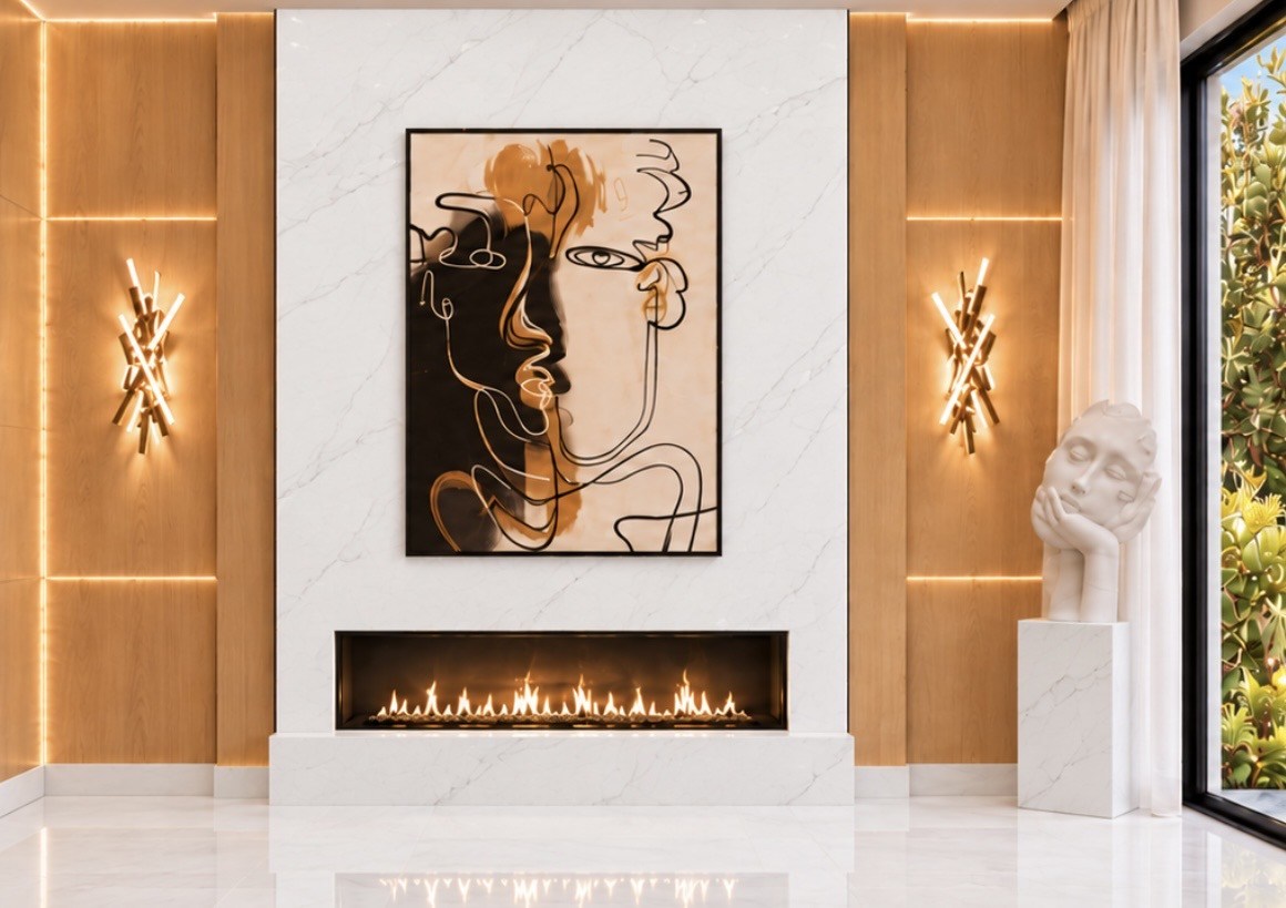 Marble fireplace with abstract art and a sculptural bust