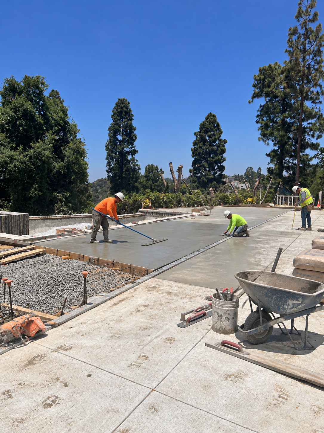 Construction visualization: Exterior concrete and terrace work with workers
