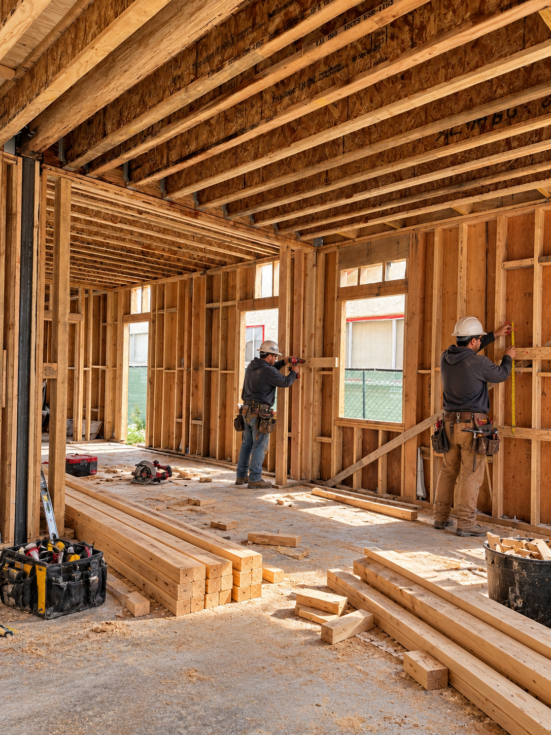 Construction visualization: Framing and carpentry with workers