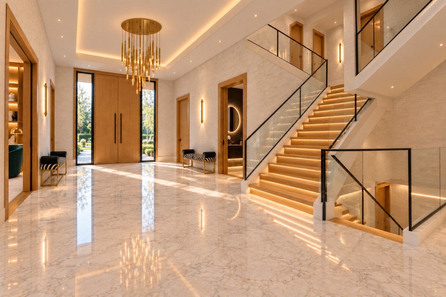 Entry hall with zebra benches and illuminated stairs to the upper and lower levels