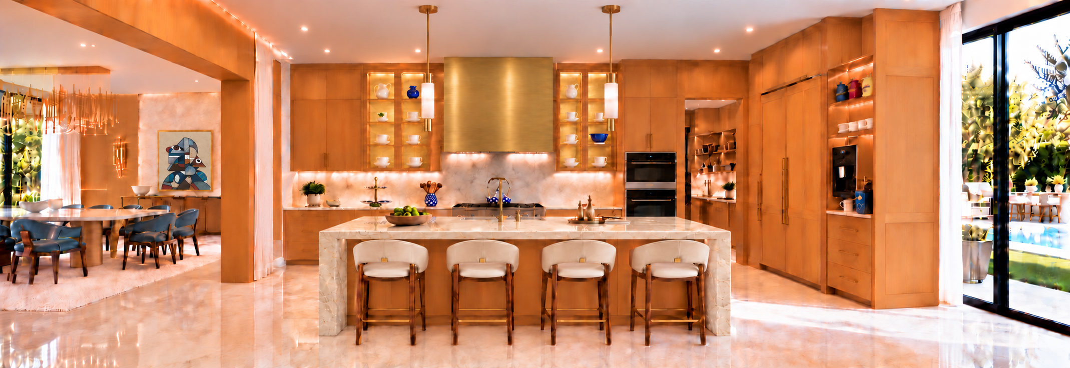 Beige stone kitchen island with beige upholstered stools beside the dining room