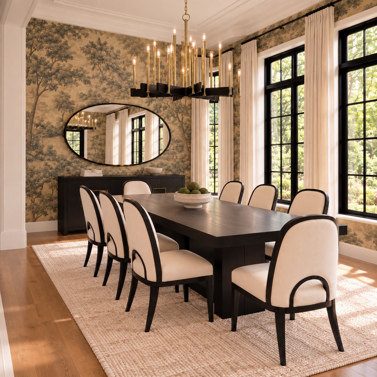 Formal dining room with patterned wallpaper and sculptural lighting