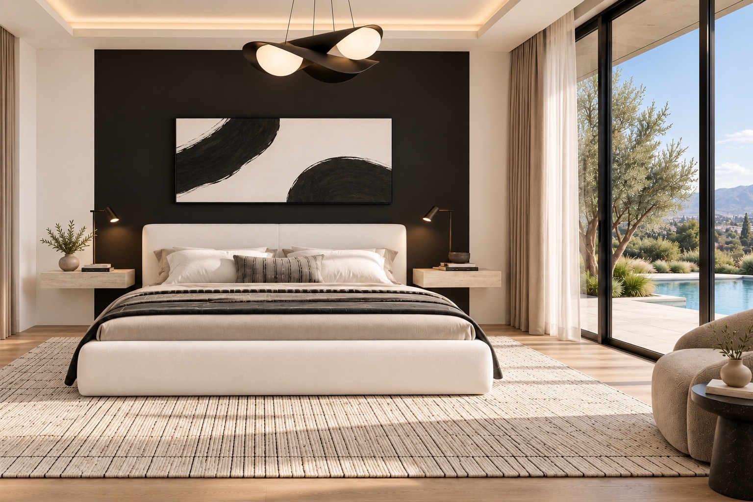 Primary bedroom with neutral furnishings and graphic artwork