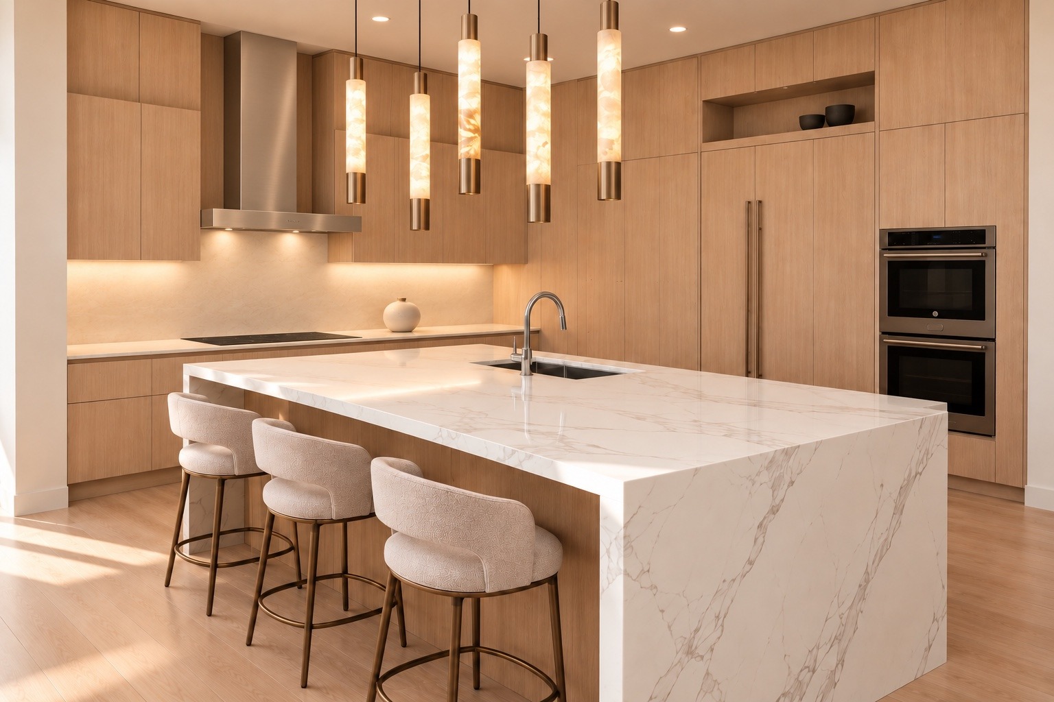 Kitchen with warm wood cabinetry and a marble waterfall island