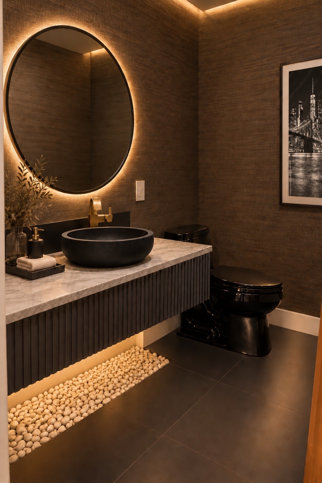 Powder room with a round illuminated mirror