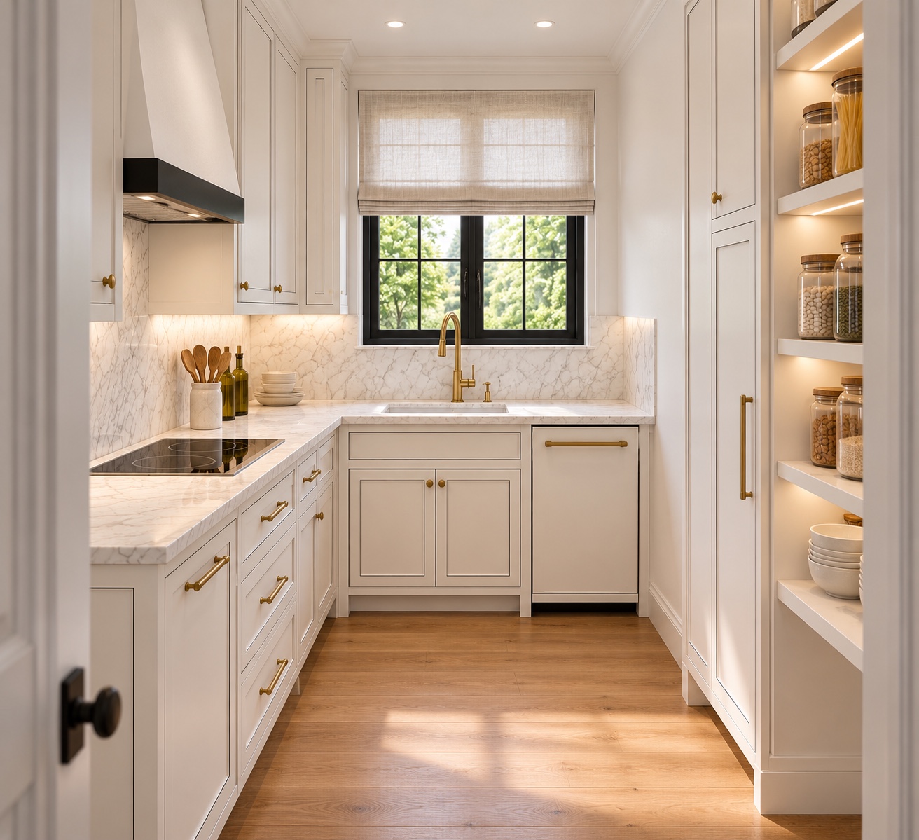 Compact white pantry kitchen with black details and light oak flooring