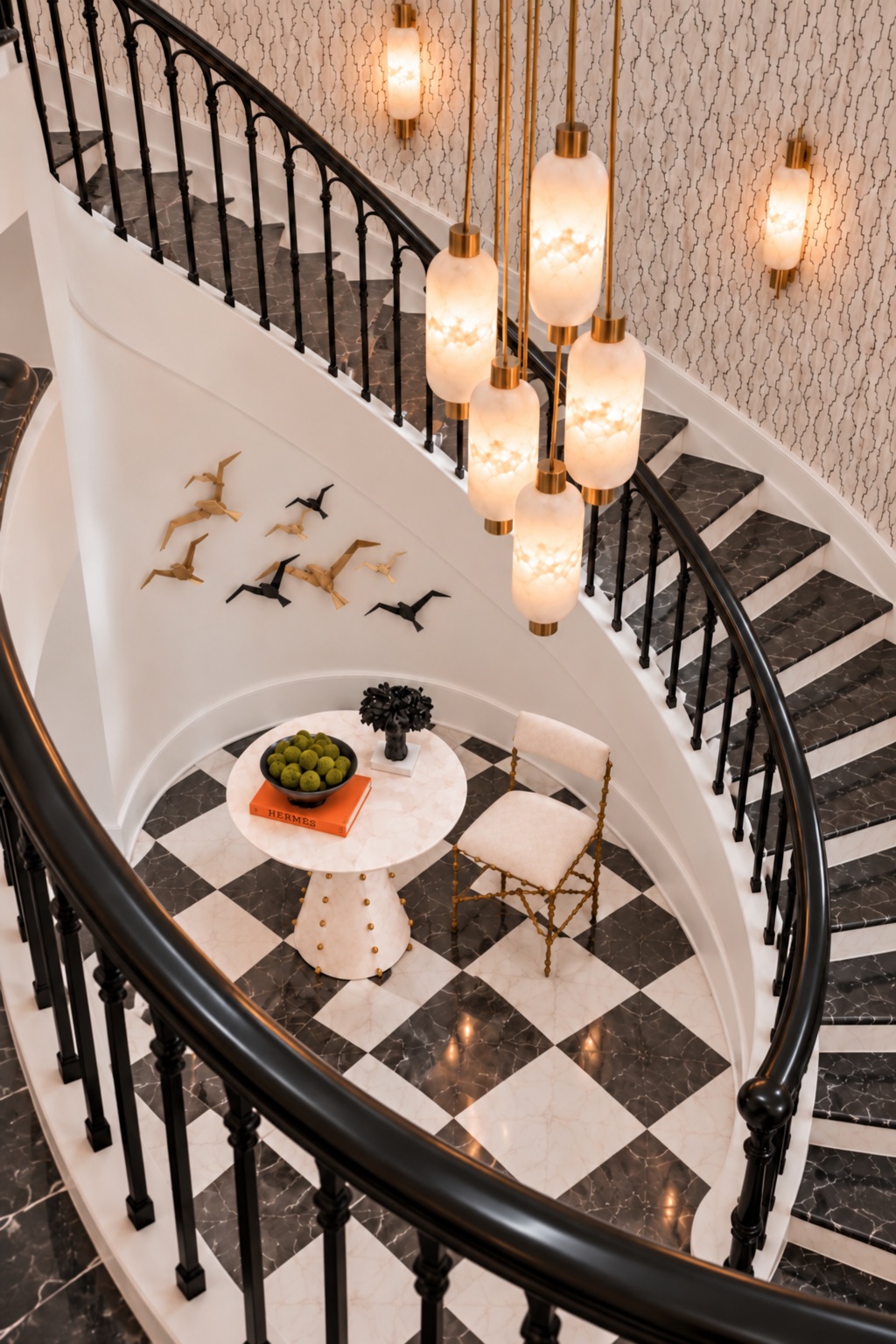 Staircase view from above with checkerboard marble flooring
