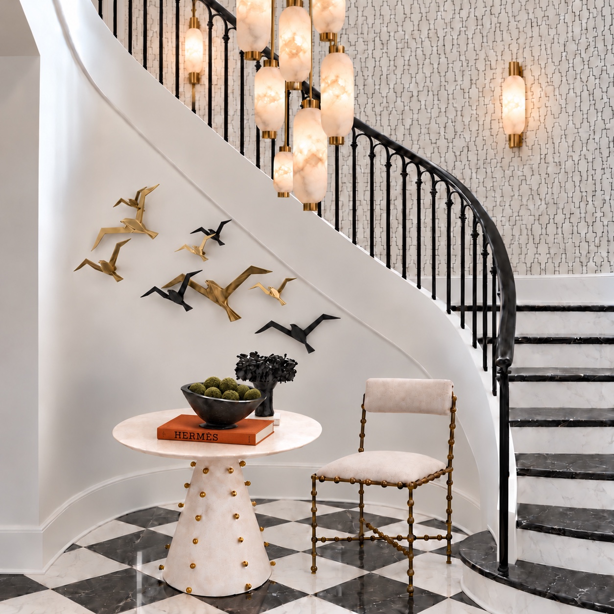 Curved staircase with black and gold bird sculptures and alabaster lighting
