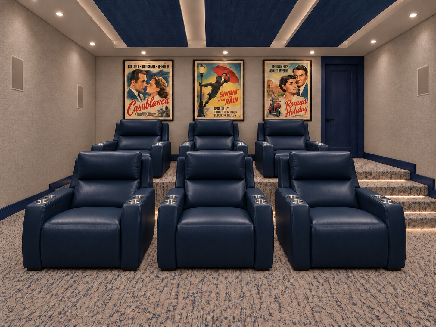 Navy leather theater recliners and taupe walls beneath vintage movie posters