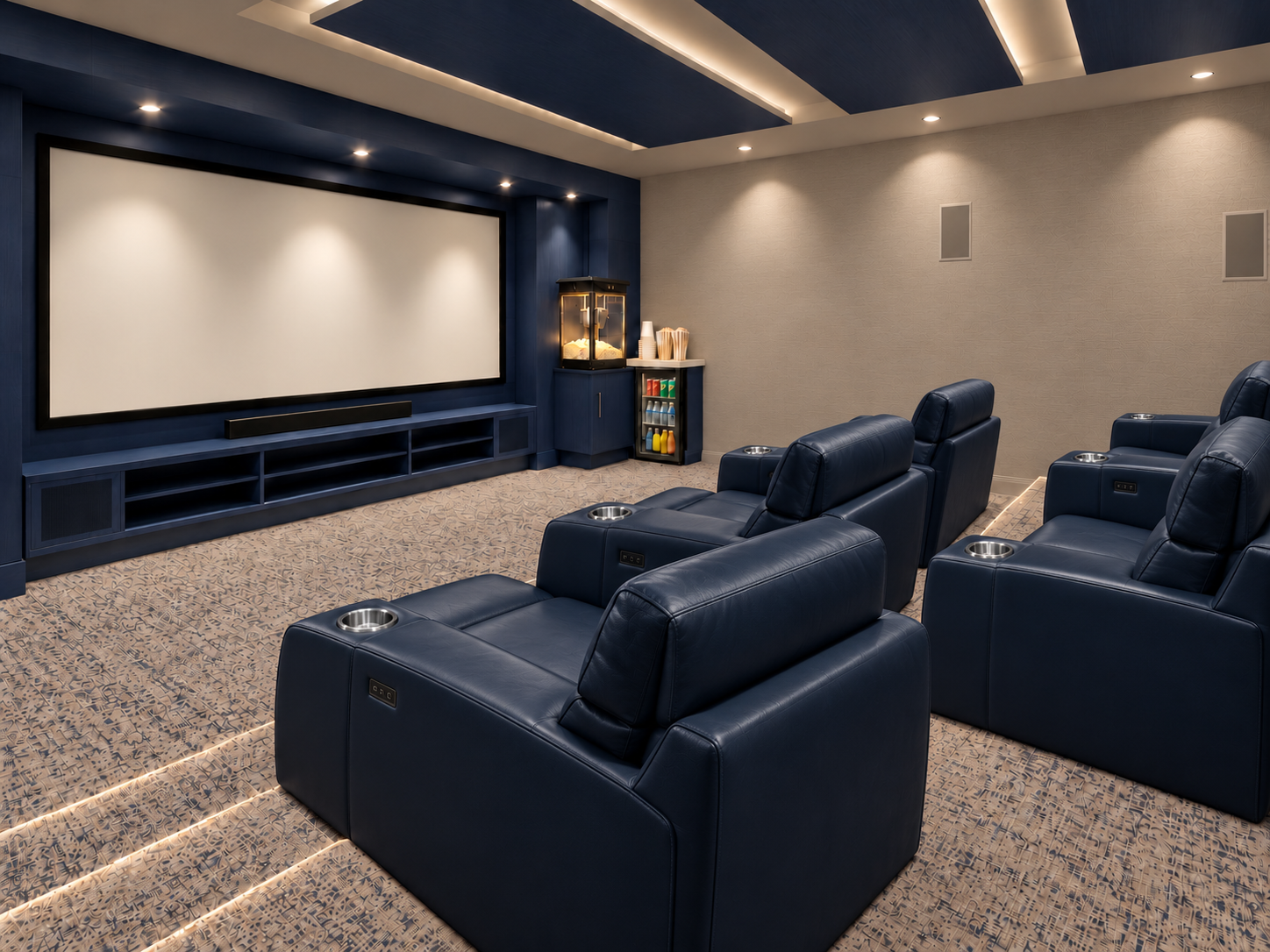 Navy and taupe private theater with tiered navy leather recliners and illuminated ceiling details