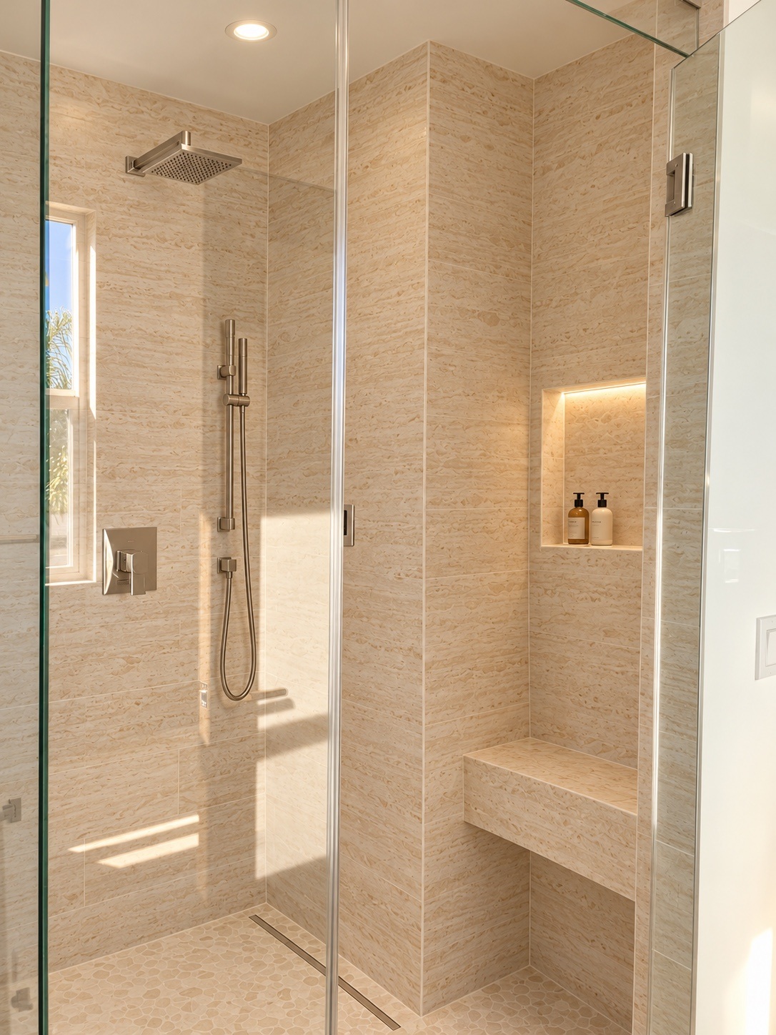 Walk-in shower with a built-in stone bench and illuminated niche