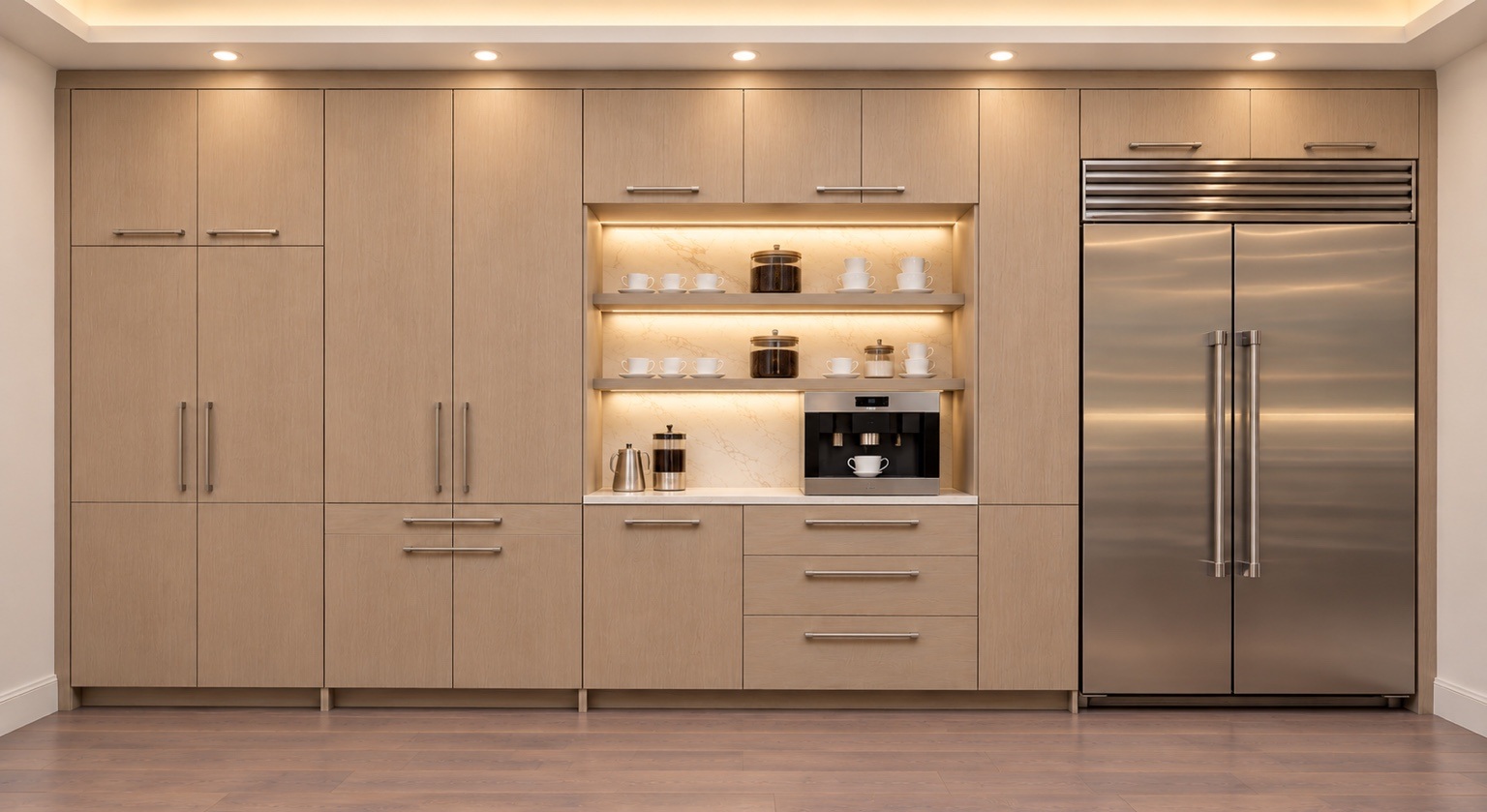 Kitchen storage wall with an illuminated coffee station and stainless steel refrigerator