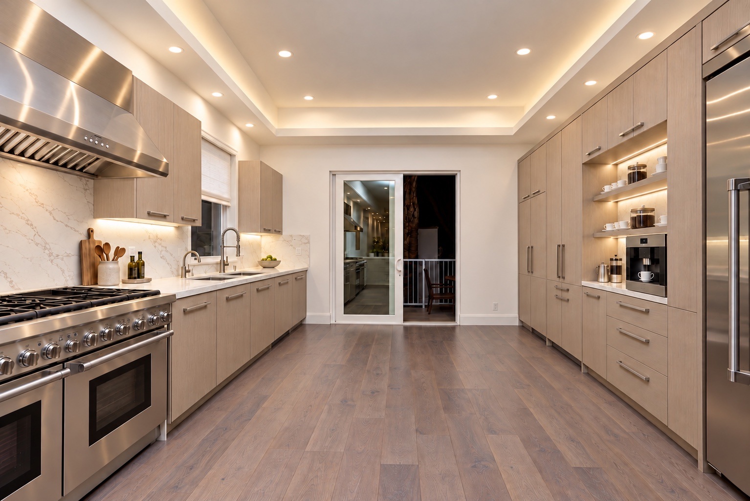 Kitchen with light wood cabinetry, stainless steel appliances and a built-in coffee station