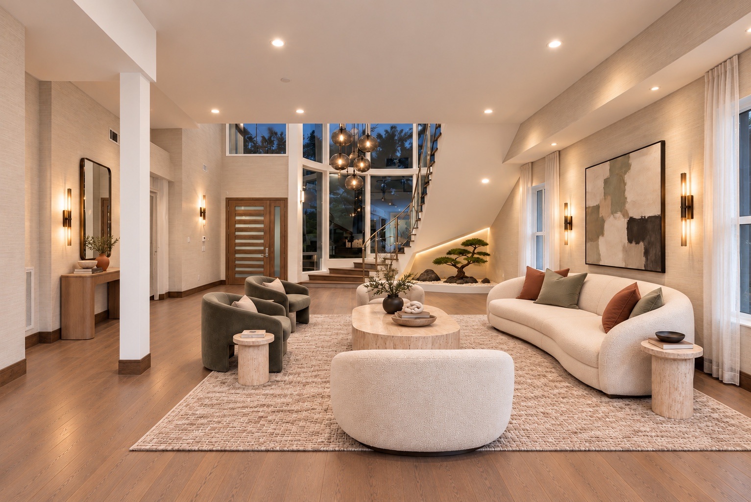 Staged living room with cream seating and views toward the entry staircase