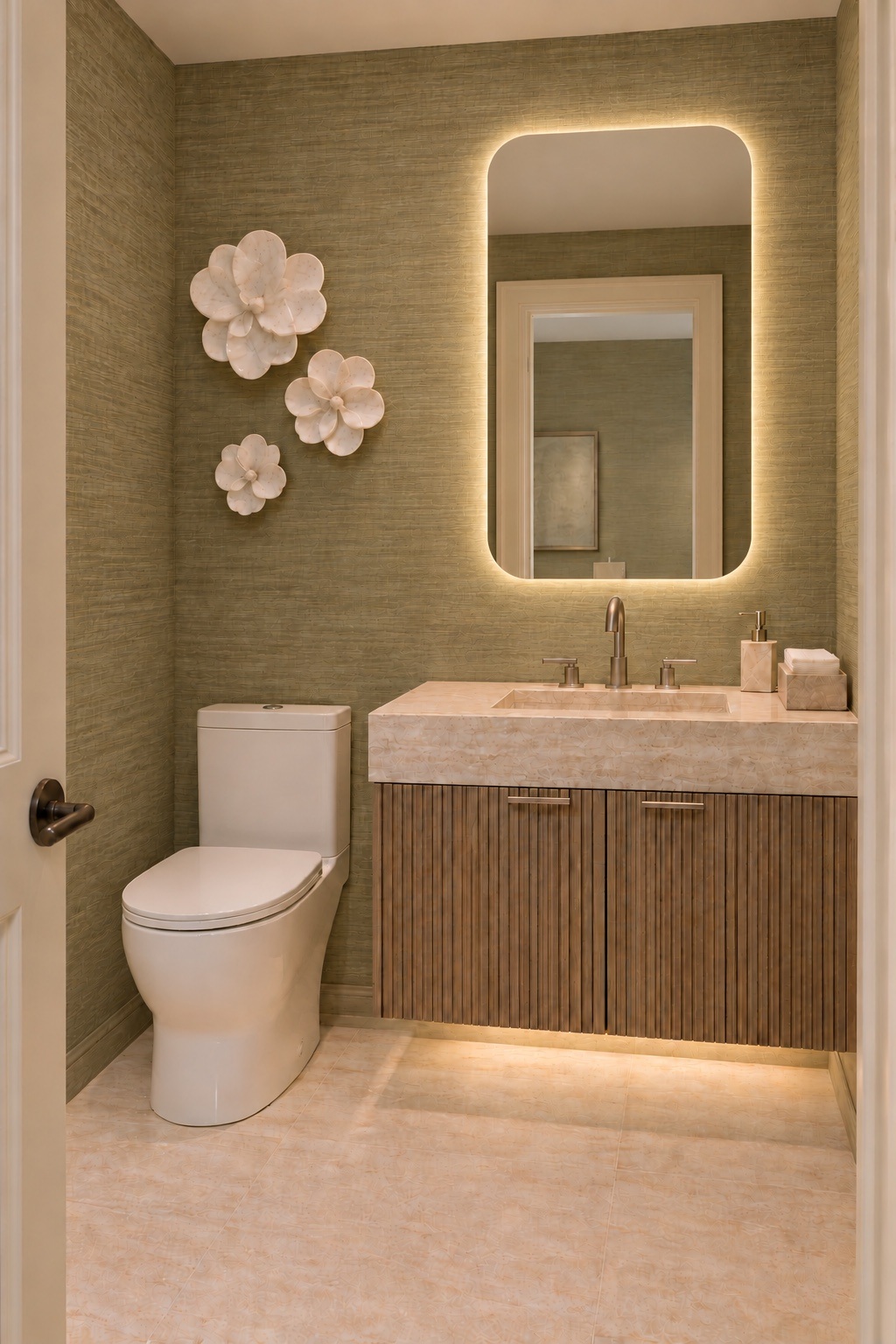 Powder room with sage textured wallpaper, white floral wall sculptures and a backlit mirror