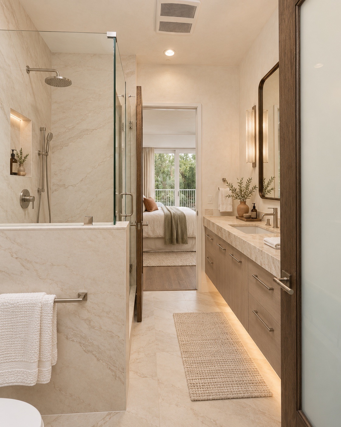 Primary bathroom with a floating vanity and a view toward the bedroom