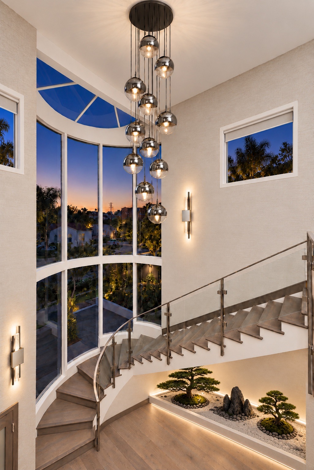 Curved staircase with glass railings and cascading globe pendants