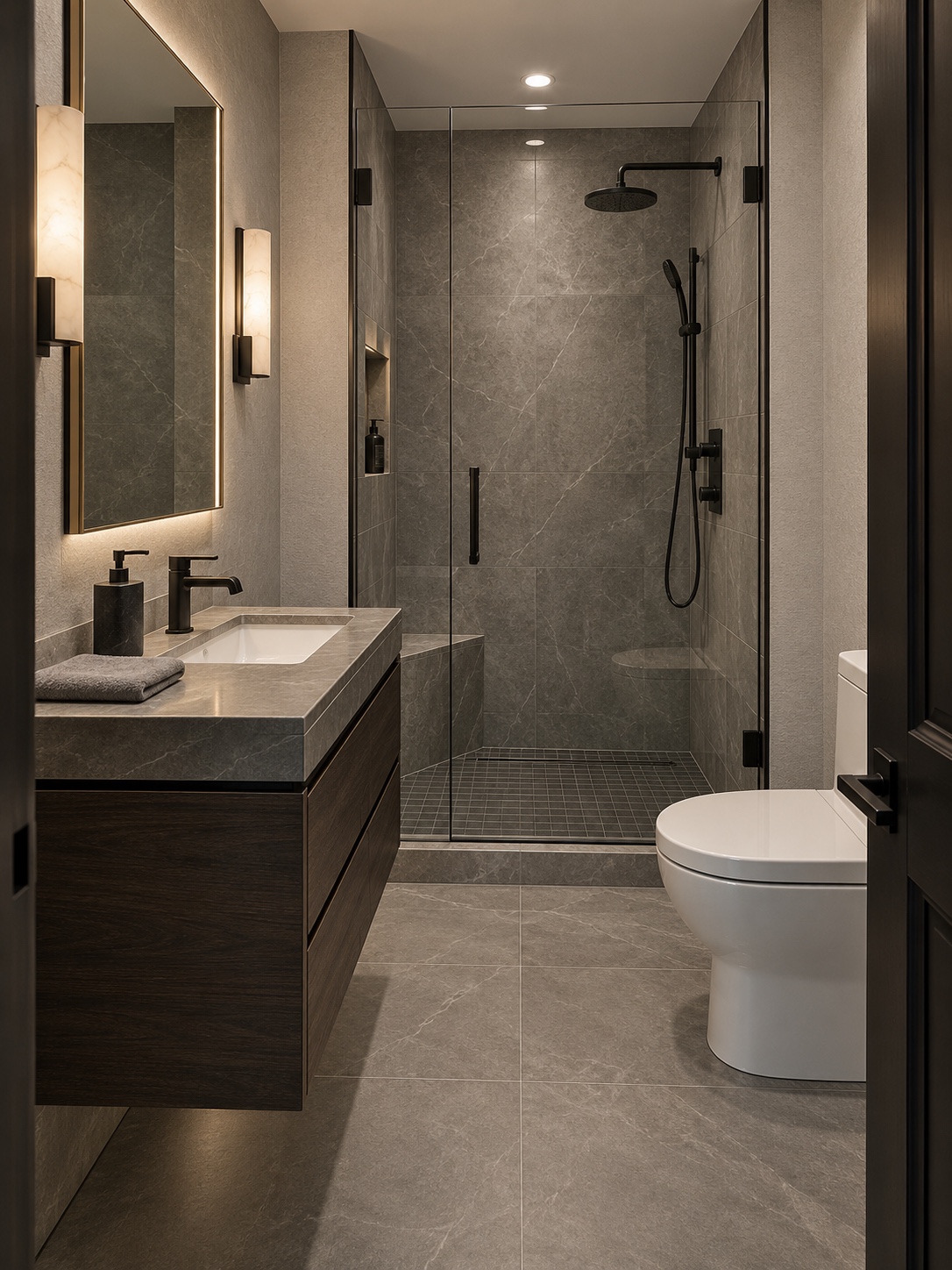 Black and grey bathroom with a glass walk-in shower