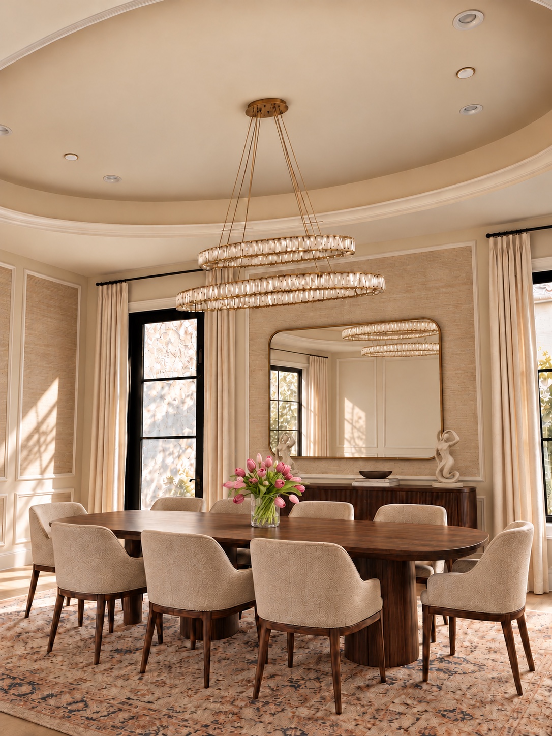 Dining room with a brass-framed mirror, paired sculptures, and pink tulips