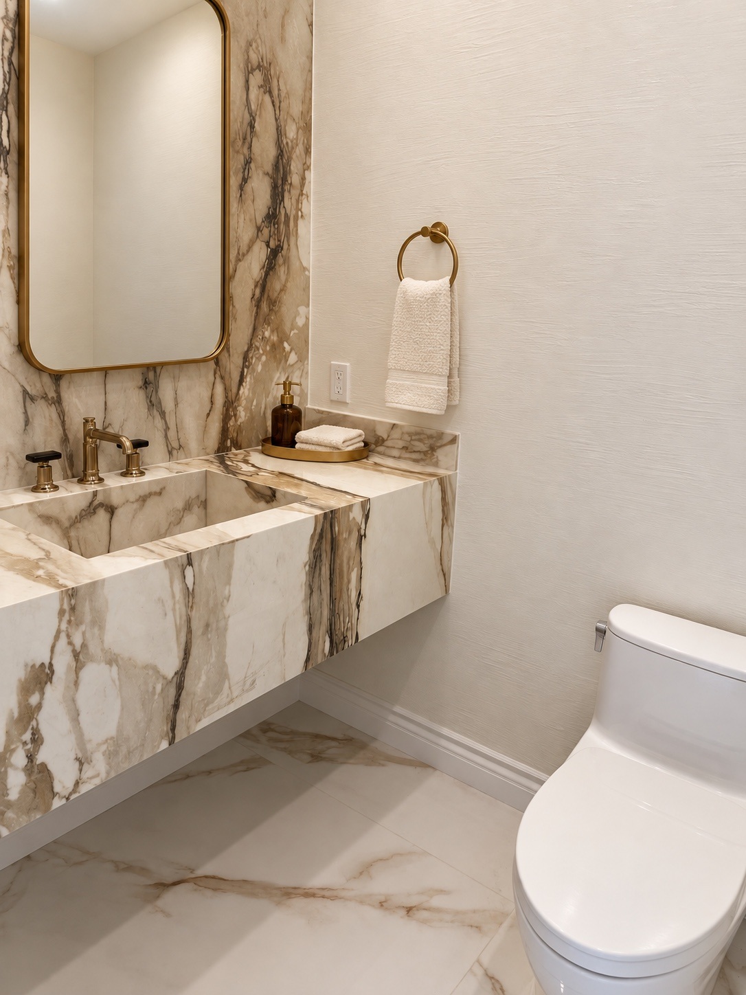 Powder room with floating marble vanity and textured walls