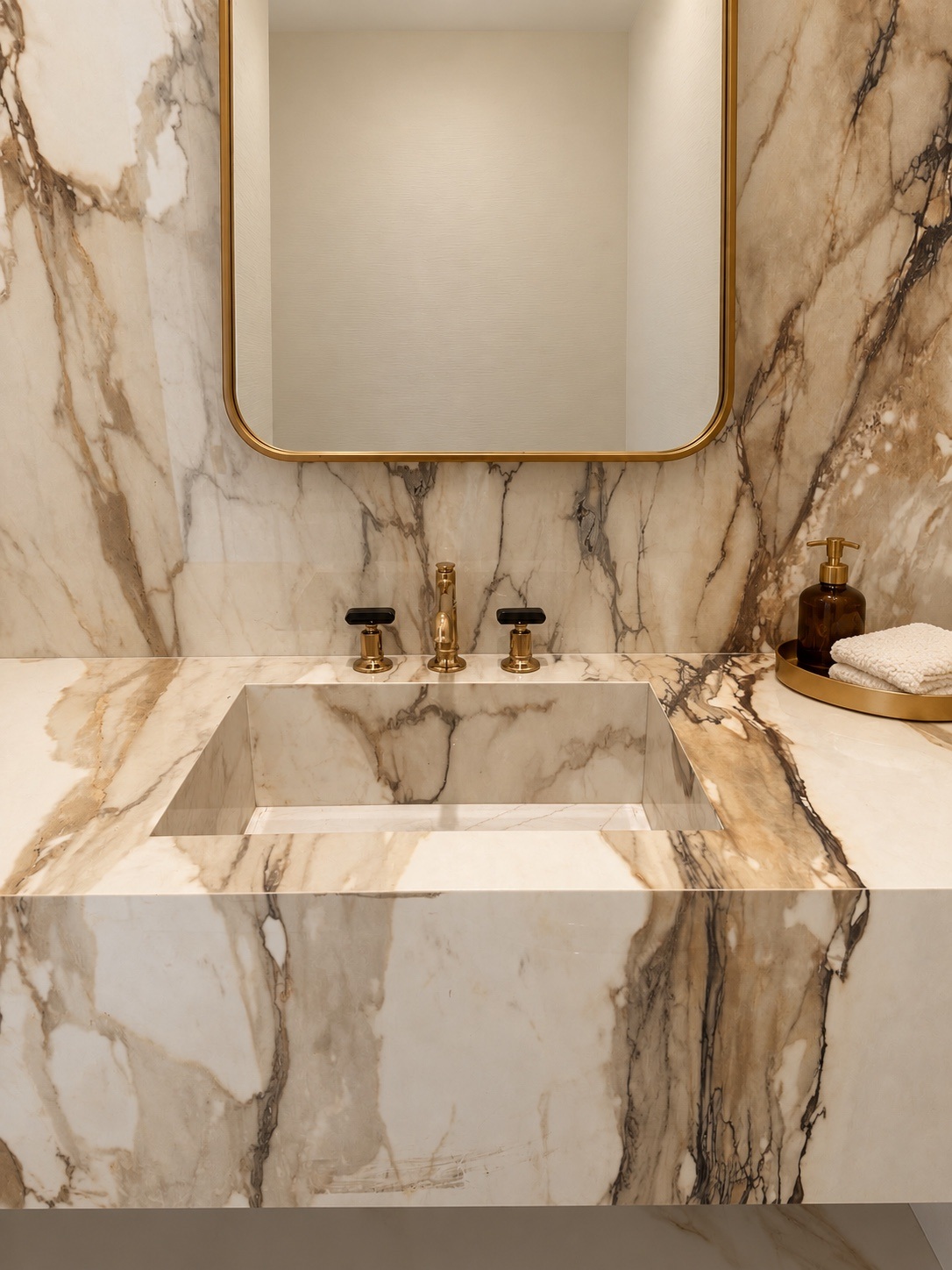 Powder room marble sink and brass-framed mirror