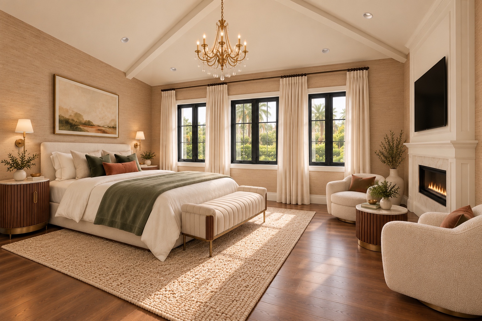 Primary bedroom with an upholstered bed and fireplace sitting area