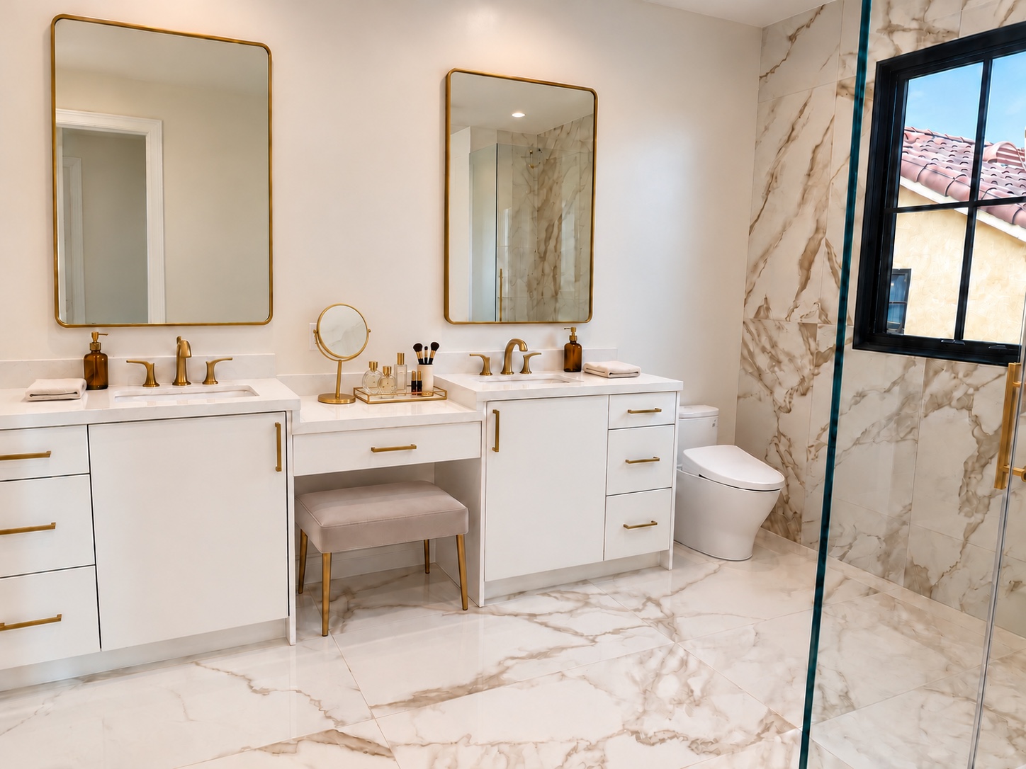 Primary bathroom vanity with upholstered makeup bench, perfumes, and a standing mirror