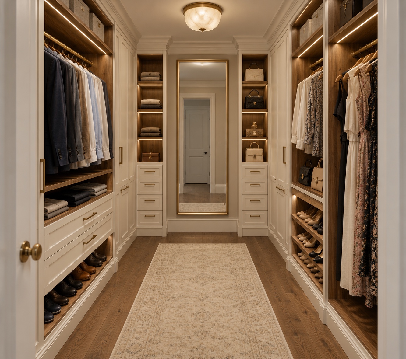His-and-hers walk-in closet with ivory cabinetry and walnut interiors