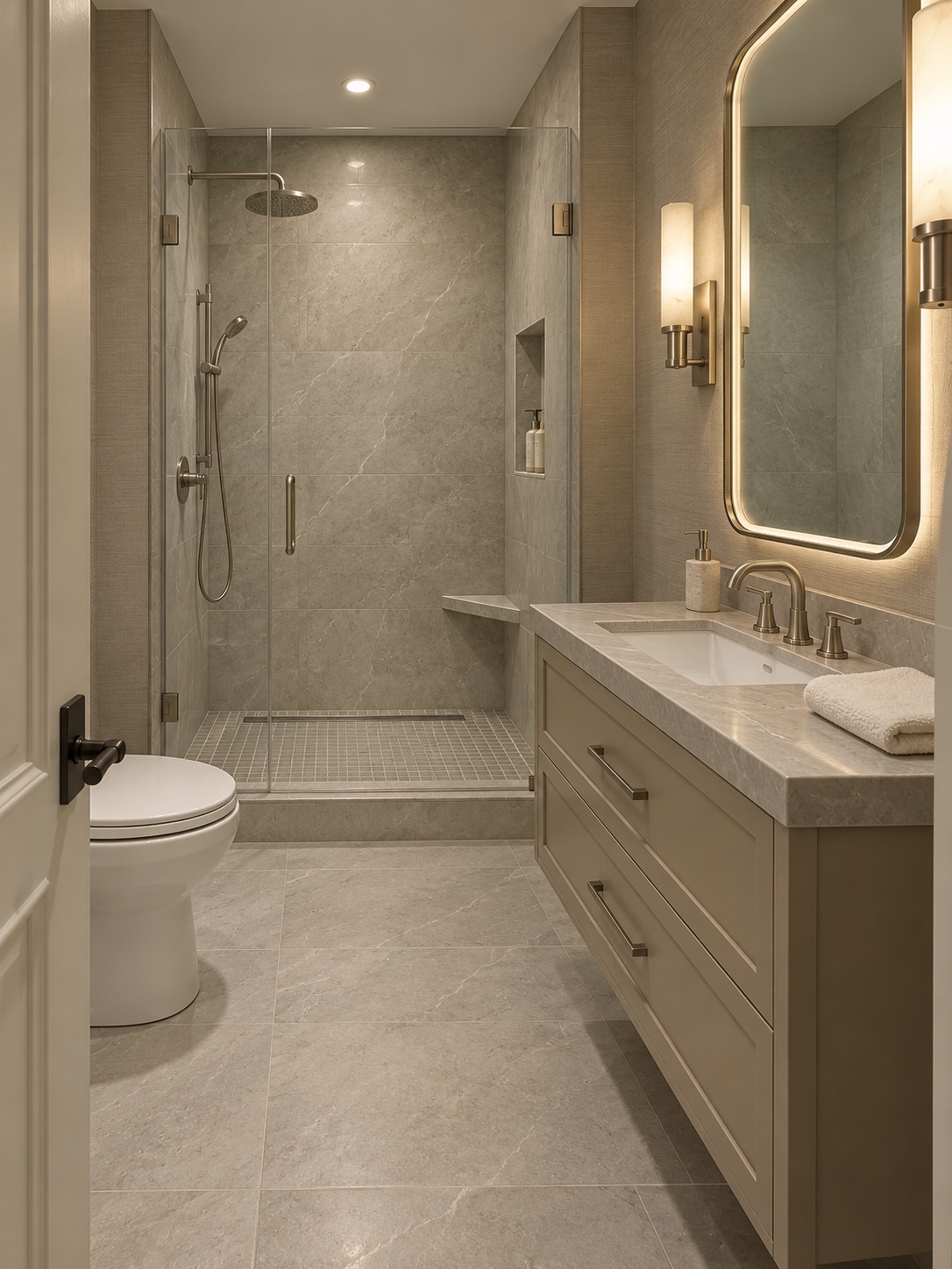 Taupe and grey bathroom with a glass walk-in shower